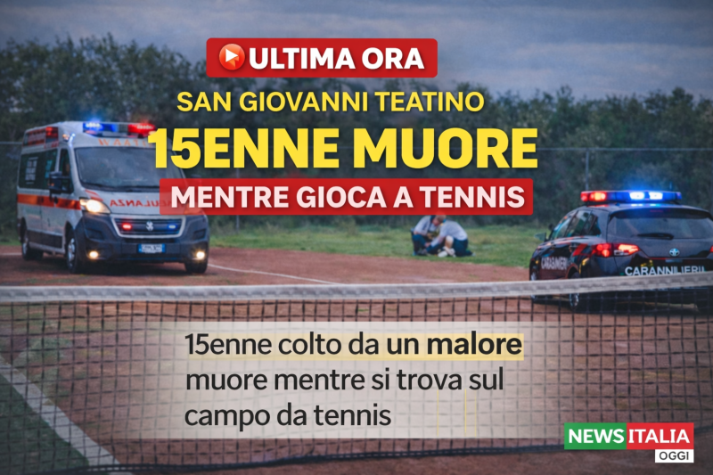 Ambulanza e carabinieri su un campo da tennis dove un ragazzo di 15 anni è morto dopo un malore improvviso a San Giovanni Teatino