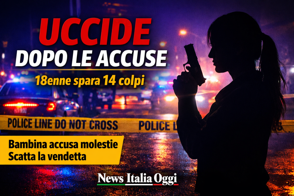 scena del crimine a Memphis con luci della polizia e sagoma di una donna armata dopo omicidio legato a accuse su minore