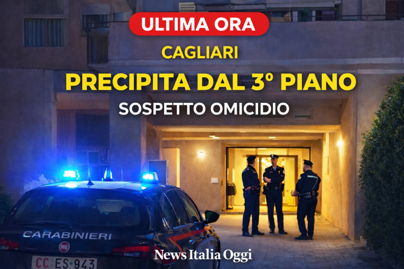 Carabinieri davanti a un palazzo a Cagliari dopo la morte di una donna precipitata dal terzo piano