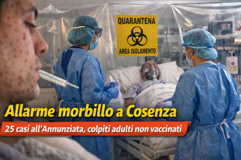 Reparto ospedaliero con paziente isolato e personale sanitario dopo i casi di morbillo all’Annunziata di Cosenza