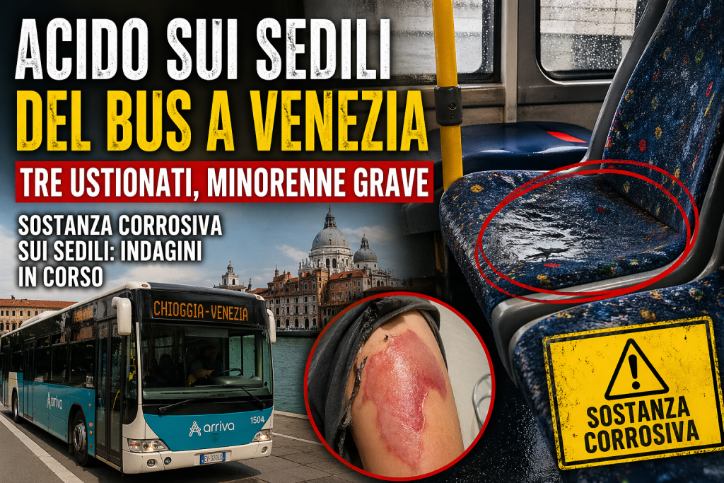 Sedili di un autobus contaminati da sostanza corrosiva a Venezia con ustioni a una passeggera