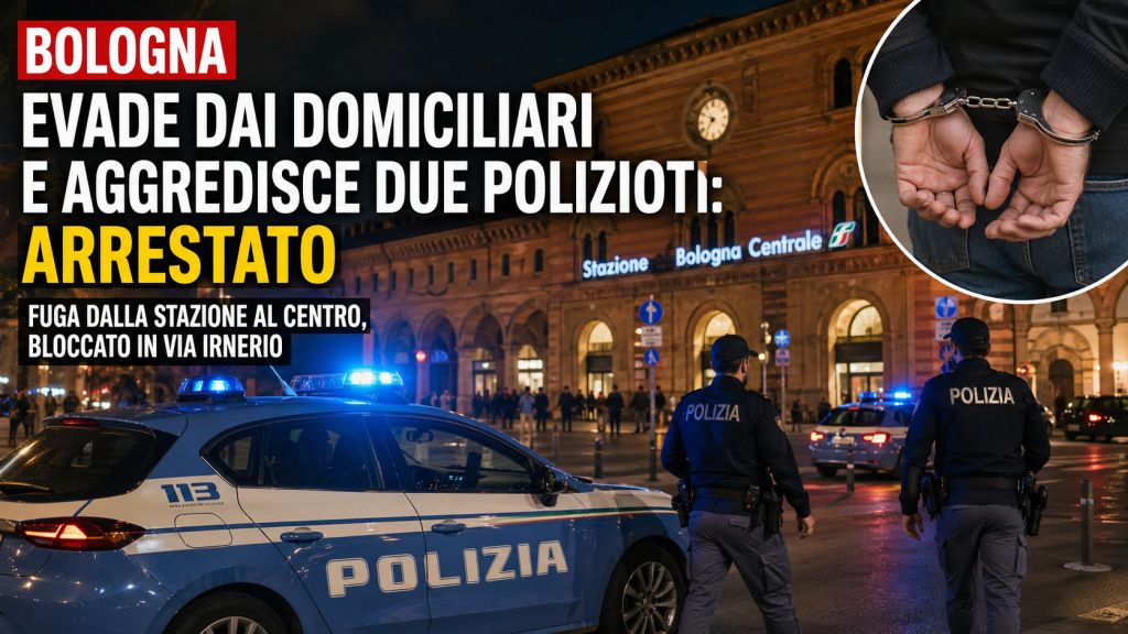 Polizia davanti alla stazione centrale di Bologna durante l’arresto di un uomo evaso dai domiciliari dopo aggressione a due agenti
