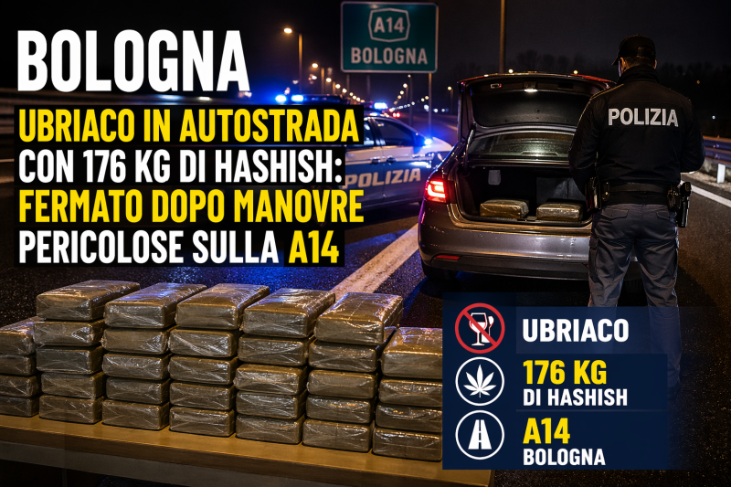 Controllo della polizia sull’autostrada A14 a Bologna con sequestro di hashish e auto fermata