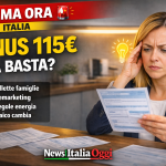 Donna preoccupata controlla bolletta luce dopo decreto bollette 2026 con bonus 115 euro