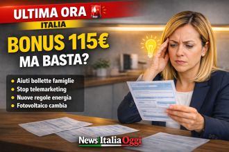 Donna preoccupata controlla bolletta luce dopo decreto bollette 2026 con bonus 115 euro