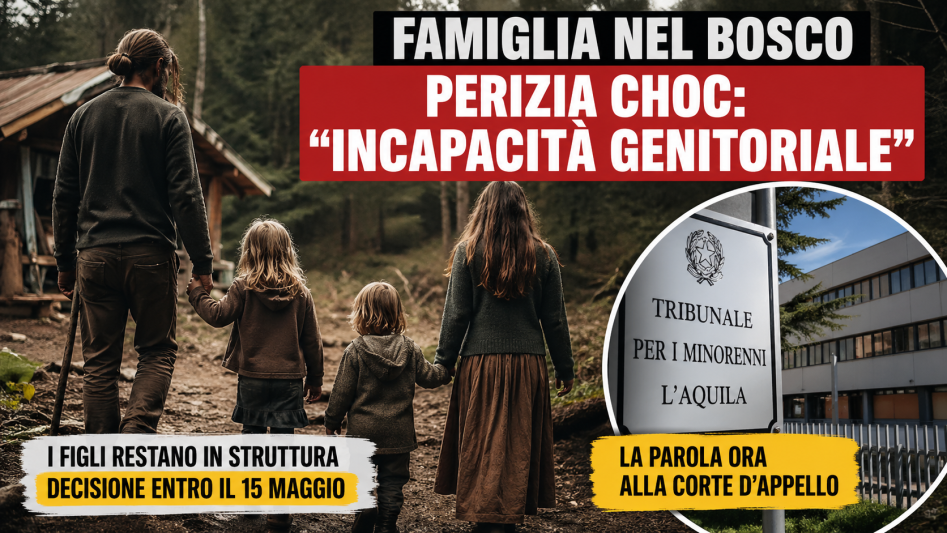 Famiglia nel bosco con tre figli mentre si allontanano verso una casa isolata, perizia del tribunale parla di incapacità genitoriale