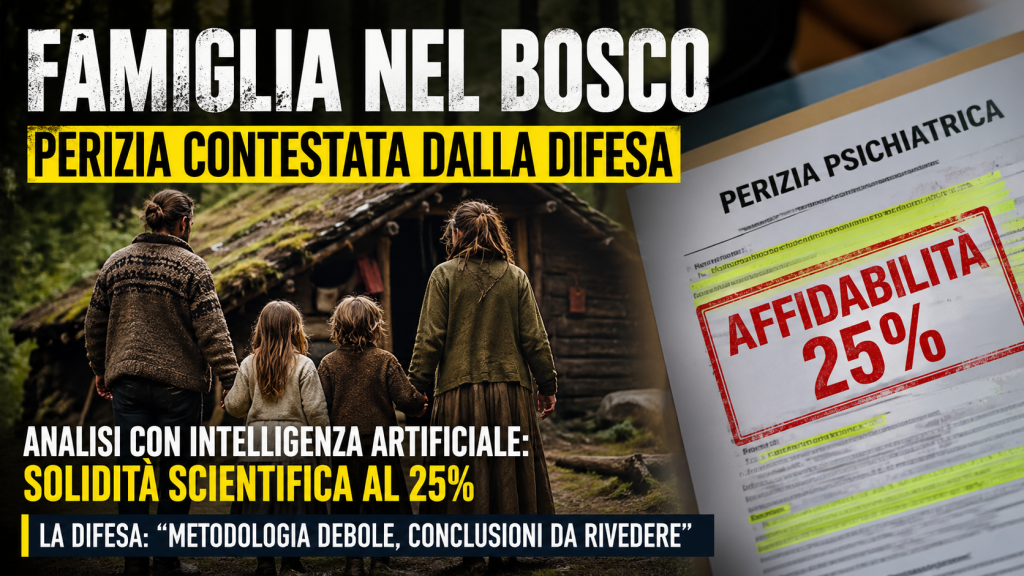 Famiglia nel bosco con casa isolata mentre la perizia viene analizzata con intelligenza artificiale