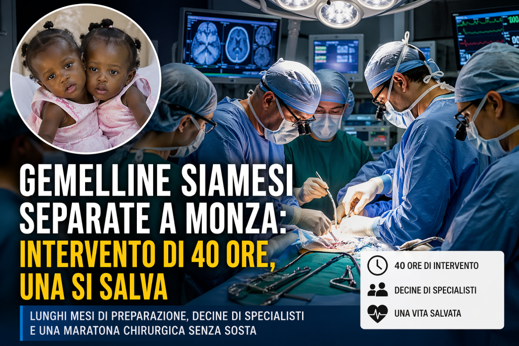 Gemelline siamesi separate a Monza dopo intervento chirurgico di 40 ore, equipe medica in sala operatoria