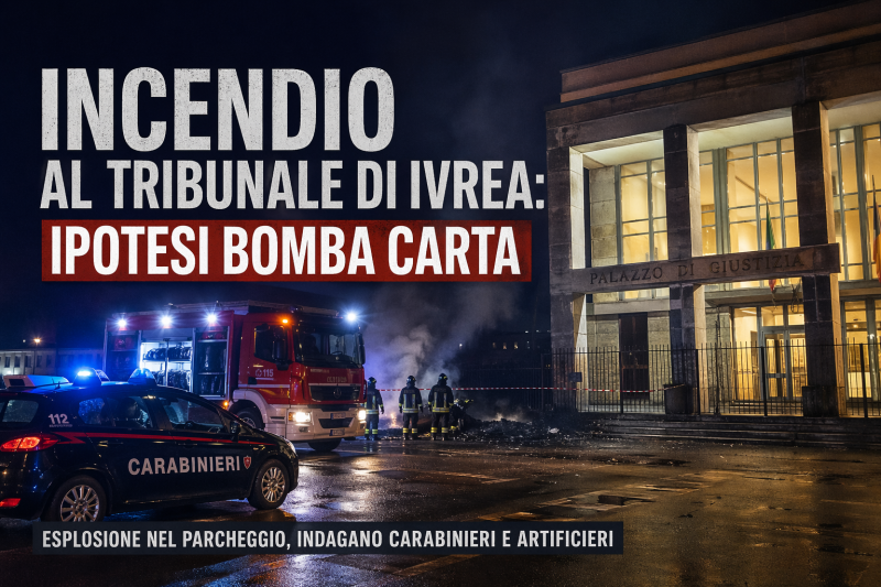 Incendio davanti al Tribunale di Ivrea di notte con vigili del fuoco e carabinieri dopo esplosione nel parcheggio