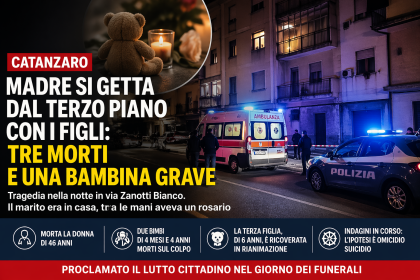 Ambulanza e polizia sotto un palazzo a Catanzaro dopo la tragedia della madre che si è gettata dal terzo piano con i figli