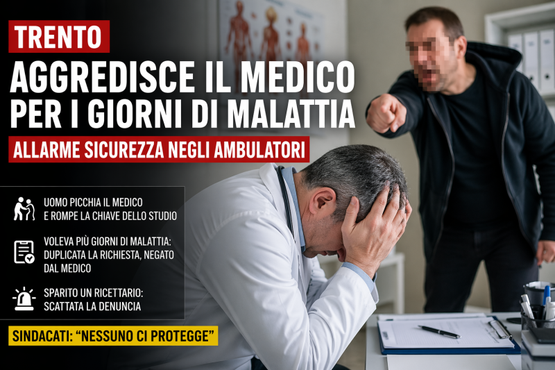 Medico di famiglia aggredito da un paziente in uno studio a Trento per i giorni di malattia