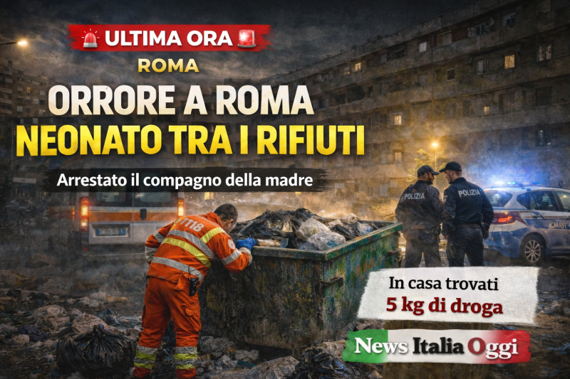 Neonato trovato tra rifiuti e droga in un appartamento degradato a Roma con polizia e soccorsi