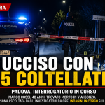 Scena del crimine a Padova con polizia e indagini dopo l’omicidio di Marco Cossi ucciso con 15 coltellate
