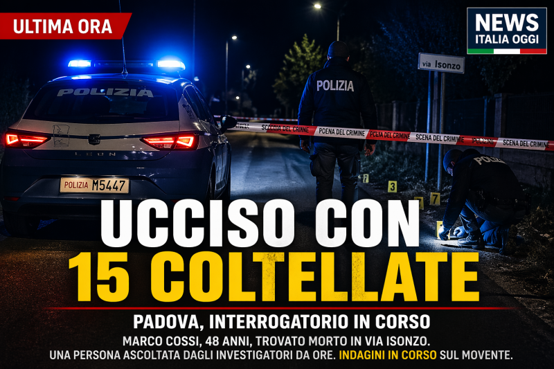 Scena del crimine a Padova con polizia e indagini dopo l’omicidio di Marco Cossi ucciso con 15 coltellate