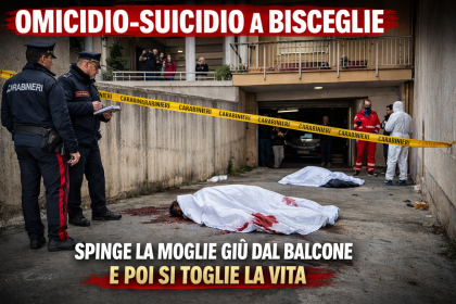 Carabinieri sul luogo della tragedia a Bisceglie dopo un omicidio suicidio con corpi trovati vicino al garage