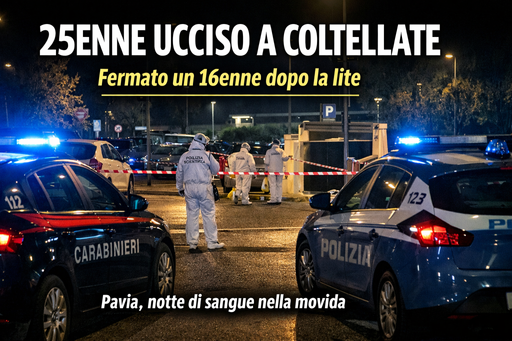 Forze dell’ordine e polizia scientifica nel parcheggio di Pavia dopo l’accoltellamento mortale di un 25enne