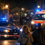 Auto della polizia e ambulanza davanti a un cancello con curiosi durante un intervento notturno