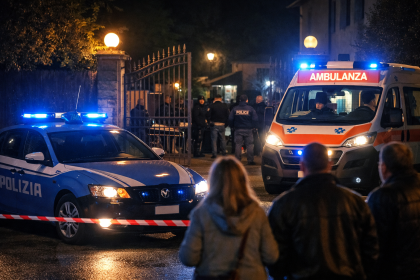 Auto della polizia e ambulanza davanti a un cancello con curiosi durante un intervento notturno