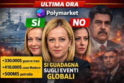 Giorgia Meloni con opzioni sì e no su Polymarket, sfondo guerra e Maduro