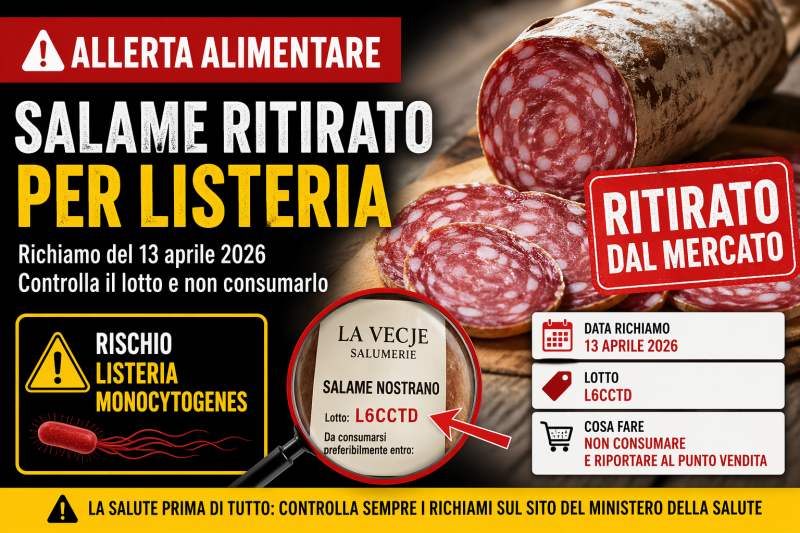 Salame ritirato dal mercato per rischio Listeria monocytogenes, richiamo del 13 aprile 2026 lotto L6CCTD