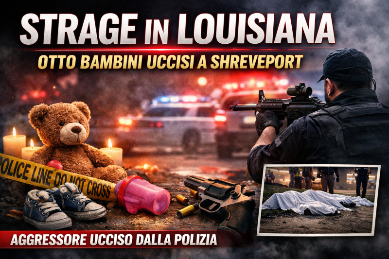 Sparatoria in Louisiana a Shreveport con otto bambini uccisi, scena del crimine con polizia e candele