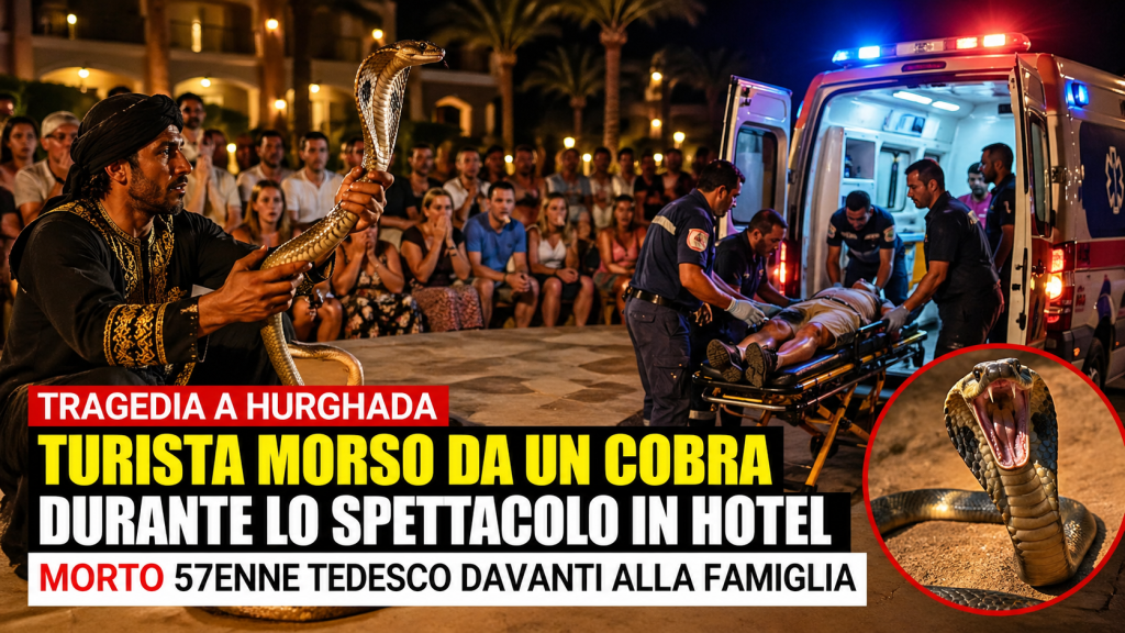 Turista morso da cobra durante spettacolo in hotel a Hurghada con soccorsi sul posto
