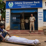 Uomo davanti a una banca in India con il corpo della sorella per dimostrare la morte