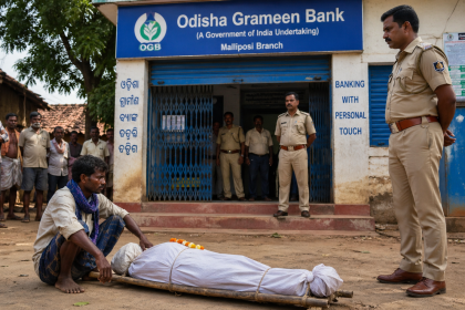 Uomo davanti a una banca in India con il corpo della sorella per dimostrare la morte