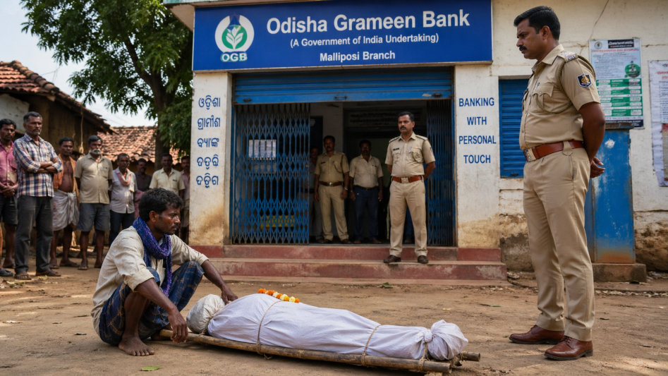 Uomo davanti a una banca in India con il corpo della sorella per dimostrare la morte
