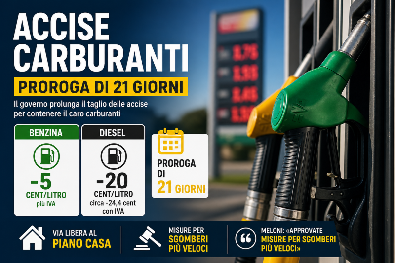 Pompa di benzina con prezzi carburante in aumento e simbolo di riduzione accise