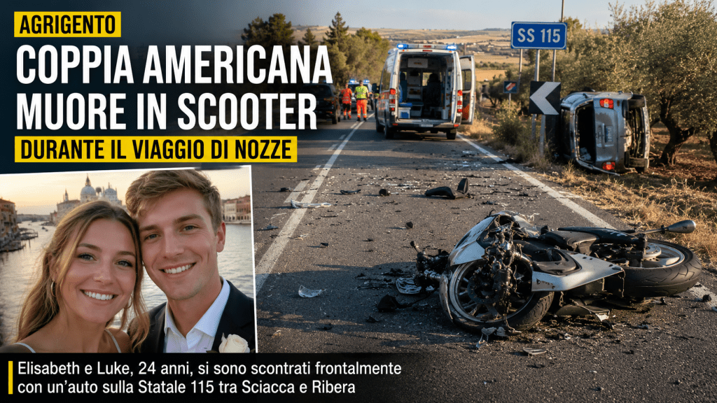 Incidente mortale sulla Statale 115 ad Agrigento durante il viaggio di nozze di una giovane coppia americana