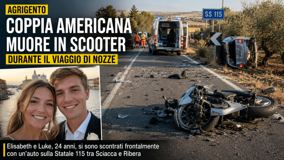 Incidente mortale sulla Statale 115 ad Agrigento durante il viaggio di nozze di una giovane coppia americana