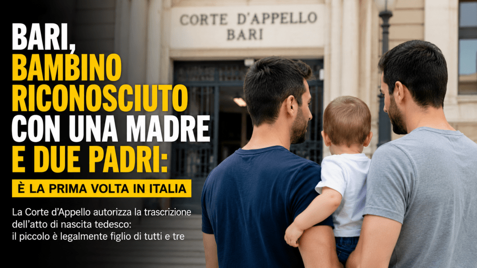 Famiglia con due padri e una madre davanti al mare di Bari dopo la storica sentenza della Corte d’Appello