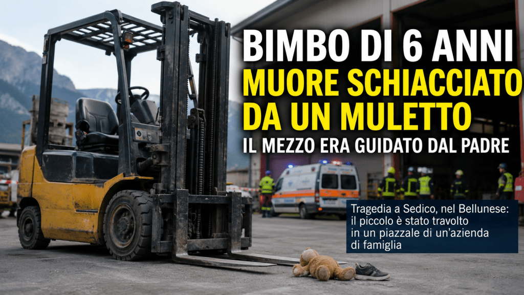 Muletto fermo in un piazzale industriale dopo la tragedia del bambino morto nel Bellunese