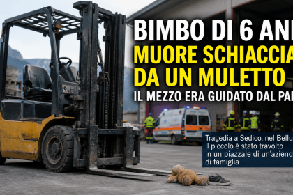 Muletto fermo in un piazzale industriale dopo la tragedia del bambino morto nel Bellunese