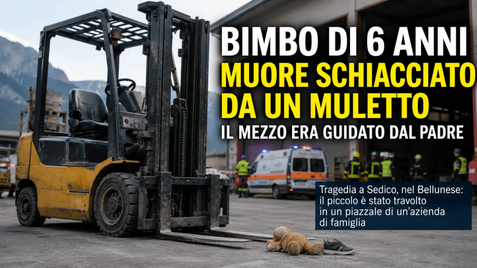 Muletto fermo in un piazzale industriale dopo la tragedia del bambino morto nel Bellunese