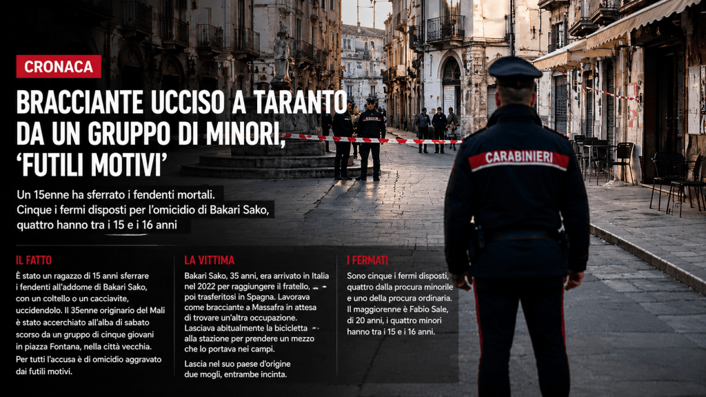 Carabiniere di spalle davanti alla scena del crimine nel centro storico di Taranto dopo l’omicidio del bracciante Bakari Sako