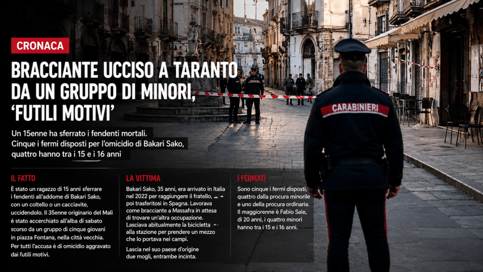 Carabiniere di spalle davanti alla scena del crimine nel centro storico di Taranto dopo l’omicidio del bracciante Bakari Sako