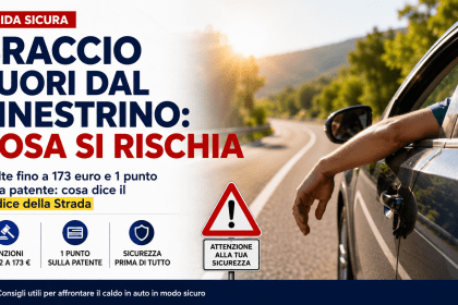 Automobilista guida con il braccio fuori dal finestrino durante l’estate mentre il Codice della Strada avverte sui rischi di multa e perdita di punti patente.