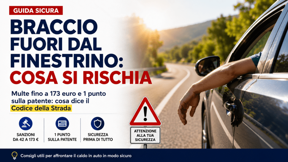 Automobilista guida con il braccio fuori dal finestrino durante l’estate mentre il Codice della Strada avverte sui rischi di multa e perdita di punti patente.