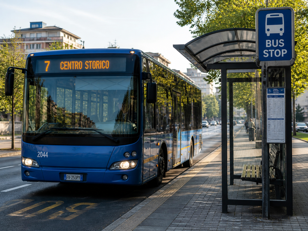 Autobus urbano alla fermata del bus in una città italiana durante il giorno