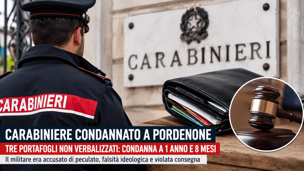 Carabiniere di spalle davanti a una caserma con tre portafogli appoggiati su un tavolo durante un’inchiesta a Pordenone
