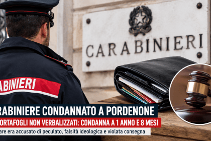 Carabiniere di spalle davanti a una caserma con tre portafogli appoggiati su un tavolo durante un’inchiesta a Pordenone