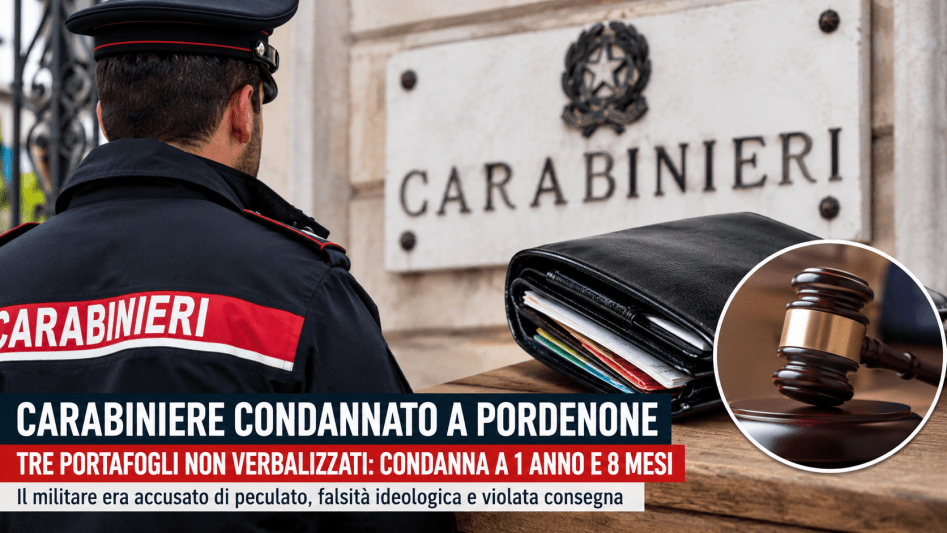 Carabiniere di spalle davanti a una caserma con tre portafogli appoggiati su un tavolo durante un’inchiesta a Pordenone