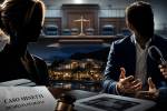 Illustrazione giornalistica del caso Minetti con tribunale, imprenditore in intervista e villa sullo sfondo