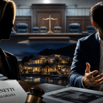 Illustrazione giornalistica del caso Minetti con tribunale, imprenditore in intervista e villa sullo sfondo