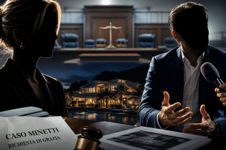 Illustrazione giornalistica del caso Minetti con tribunale, imprenditore in intervista e villa sullo sfondo