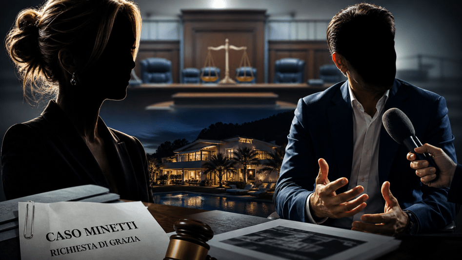 Illustrazione giornalistica del caso Minetti con tribunale, imprenditore in intervista e villa sullo sfondo