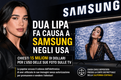 Dua Lipa durante una disputa legale contro Samsung per l’uso delle sue immagini sui televisori negli Stati Uniti