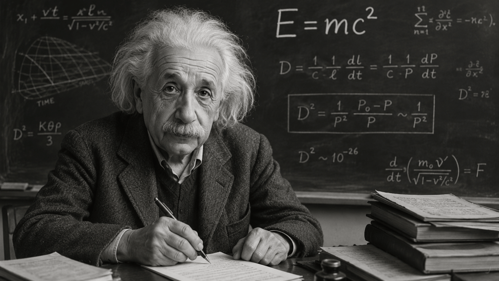 Vecchio scienziato geniale in stile Albert Einstein davanti a una lavagna piena di formule fisiche
